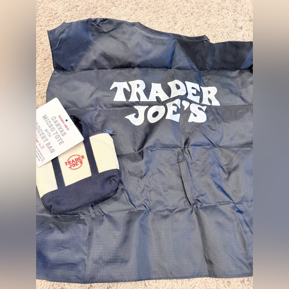 Trader Joe’s Navy reusable canvas micro tote with grocery bag